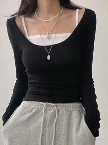 DAZY Dames lente/zomer casual 2 in 1 lange mouw T-shirt, colorblock T-shirt