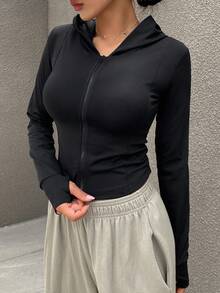 DAZY 女士修身连帽开衫字母印花夹克 - 黑色 - 查看 3