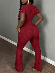 Slaydiva 2pcs Solid Color Knit Casual Set - Burgundy - View 2