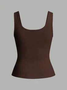 Slaydiva Casual All-Match White Cami Top With Deep U-Neck And Racerback-C - Brown - View 2