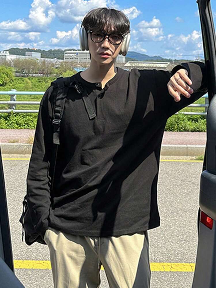 Men's Solid Color Black Casual Long Sleeve Baggy T-Shirt, Autumn, Fall