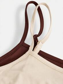 SHEIN 2pcs/Set Teen Girl's Knitted Ruched Camisole Casual Dress - Khaki - View 7