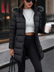 Faux Fur Hoodie Zip Up Pocket Detailed Warm Feel Long Winter Coat - Black - View 1