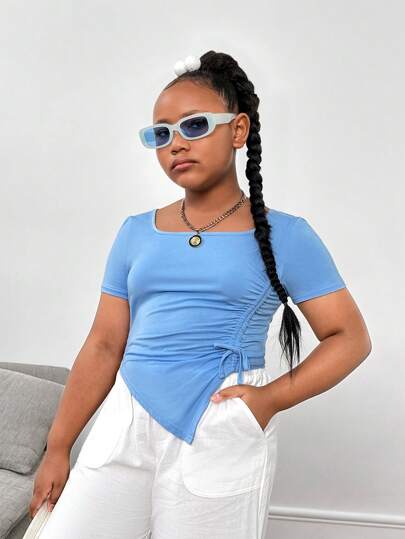 SHEIN Extended Size Tween Girls Casual Fitted Solid Color Asymmetrical Hem Short Sleeve T-Shirt