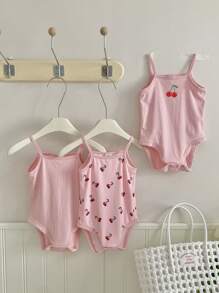 SHEIN LMoss Kids Baby Girl's 3pcs Casual Knitted Cartoon Print Sleeveless Bodysuit With Buttons, Summer - Pink - View 4