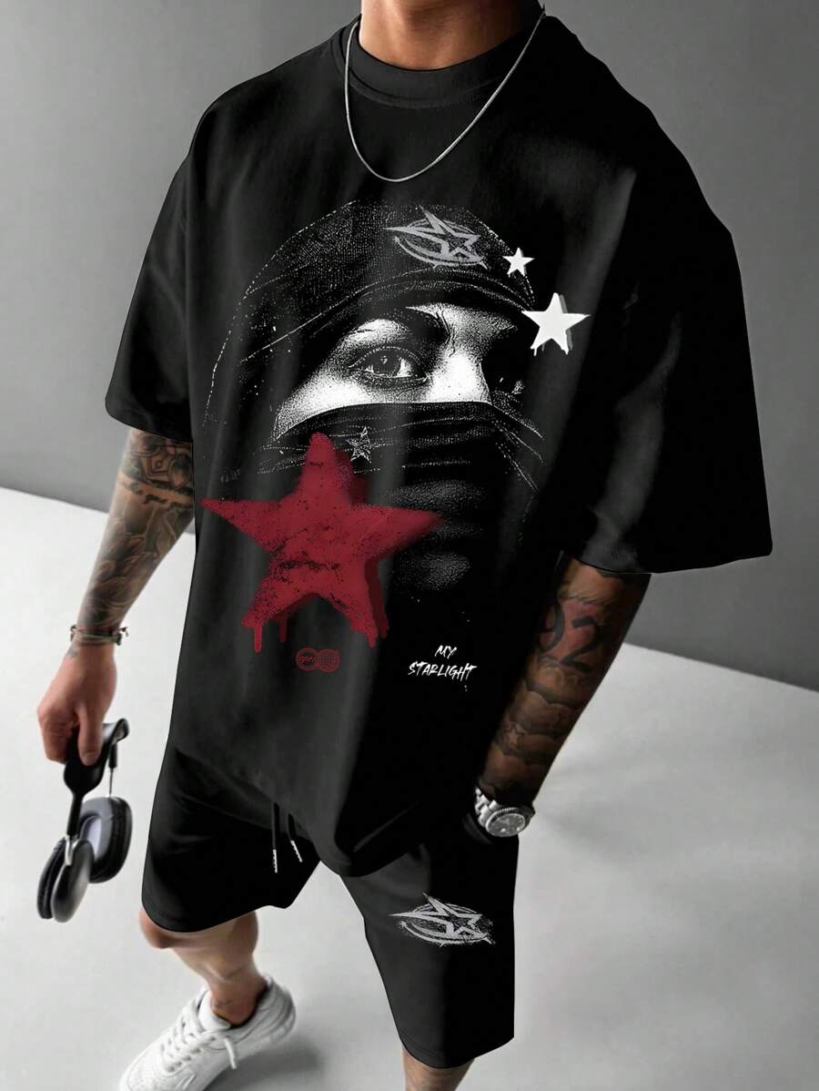 Manfinity LEGND 2pcs Plus Size Men's Casual Letter & Figure Graphic Crew Neck Short Sleeve Tee And Drawstring Waist Shorts Set - Black - View 1