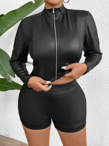 Allurite Set de 2 piese pentru femei, primăvară, vară, cu fermoar și pantaloni scurți - Negru - Vizualizare 3