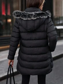 Faux Fur Hoodie Zip Up Pocket Detailed Warm Feel Long Winter Coat - Black - View 2