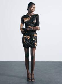 Maija Women's Black Pleated Tie-Dye Pattern Fashionable Versatile Sexy Fitted Long Sleeve Mini Dress, Suitable For St. Patrick's Day, Spring Festival, Music Festival, Autumn Outfit, Casual Black Dress - Black - View 3