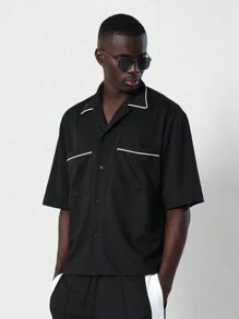 SUMWON Boxy Fit Shirt With Contrast Collar & Pocket Piping And Straight Fit Trouser With Side Panels & Pintucks 2 Piece Set