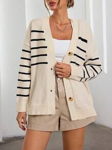 Aveloria EMERY ROSE Áo len cardigan cổ chữ V sọc ngang ngẫu nhiên kiểu Pháp - trắng - Xem 3