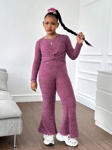 SHEIN Tween Girls Extended Size Fitted Casual Crew Neck Twist Front Top And Flare Pants 2pcs Set