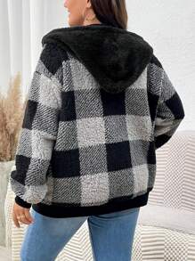 SHEIN LUNE 冬季大码休闲格子羊毛连帽大衣 - 彩色 - 查看 2
