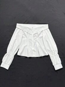 SHEIN 女士纯色简约日常长袖露肩衬衫 - 白色 - 查看 6