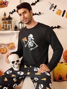 2 piezas Conjunto de pijama de manga larga con estampado de esqueleto y pizza para hombre en Halloween - Negro - Ver 9