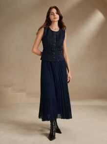 Anewsta Women Contrast Chiffon Pleated Long Dress Maxi Tweed Women Outfit - Blue - View 10