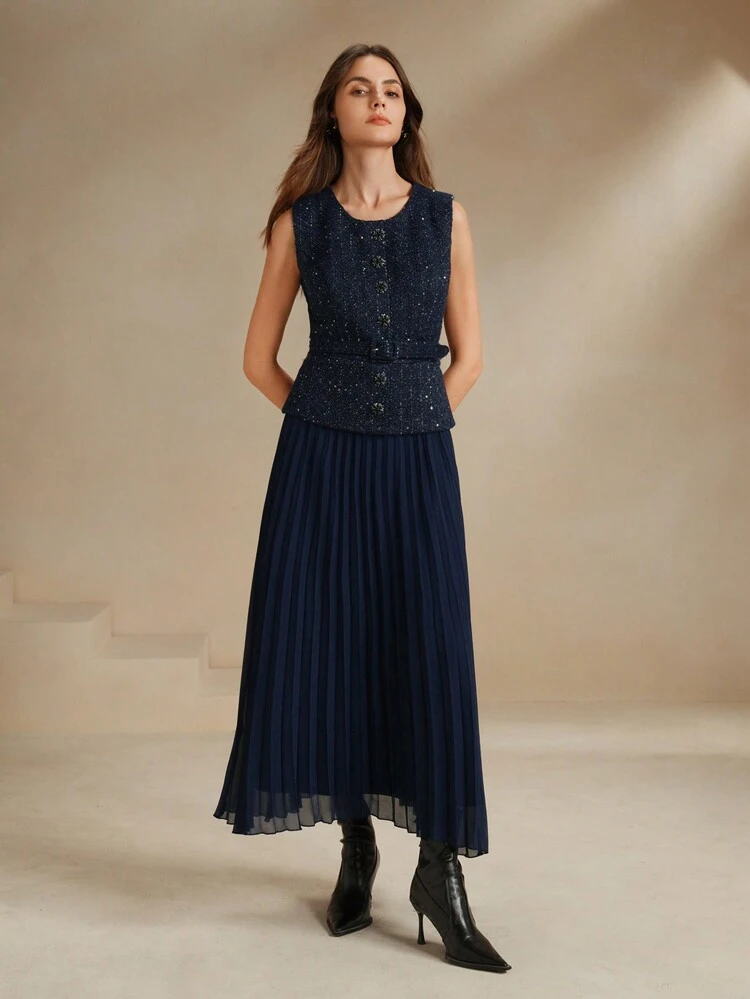 Anewsta Essential Women Contrast Chiffon Pleated Long Dress Maxi Tweed Women Outfit