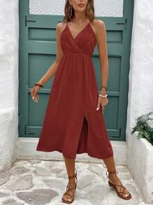 SHEIN Frenchy Vestido veraniego de mujer de unicolor con espalda descubierta, nudo de amarre, textura y tirantes con lazo