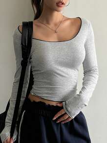 DAZY 极简性感露肩长袖 T 恤、秋装、返校服 - 灰色 - 查看 1