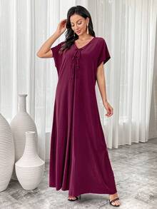 Al Najma 酒红色 V 领蝴蝶结吊带优雅曼妙连衣裙 - 酒紅色 - 查看 3