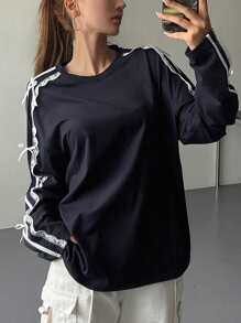 DAZY Long Sleeve T-Shirt With Crew Neck, Lace Panel, White Trim And Bow Accent,Fall Women Clothes