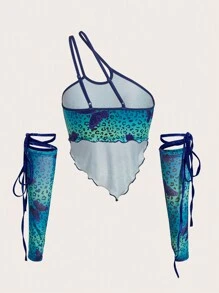 SHEIN X KeniaOs SHEIN ICON Áo crop top in họa tiết bướm và da báo có tay áo bằng vải Bandana Hem - Nhiều màu - Xem 2