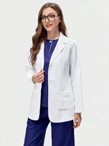 TaskEZ Women's Solid Color Flat Collar Button Front Long Sleeve Pockets Regular Jacket, Lab Coats