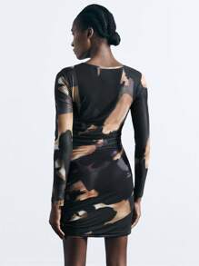 Maija Women's Black Pleated Tie-Dye Pattern Fashionable Versatile Sexy Fitted Long Sleeve Mini Dress, Suitable For St. Patrick's Day, Spring Festival, Music Festival, Autumn Outfit, Casual Black Dress - Black - View 6