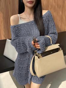 DAZY Áo len cổ tròn dáng rộng màu trơn cho nữ - Xám - Xem 5