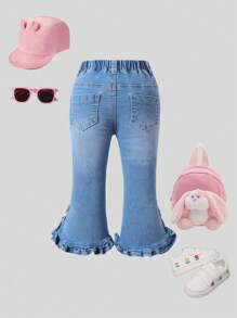 Pantalones de mezclilla acampanados con bolsillo y decoración de lazo para bebé niña - Lavado ligero - Ver 2