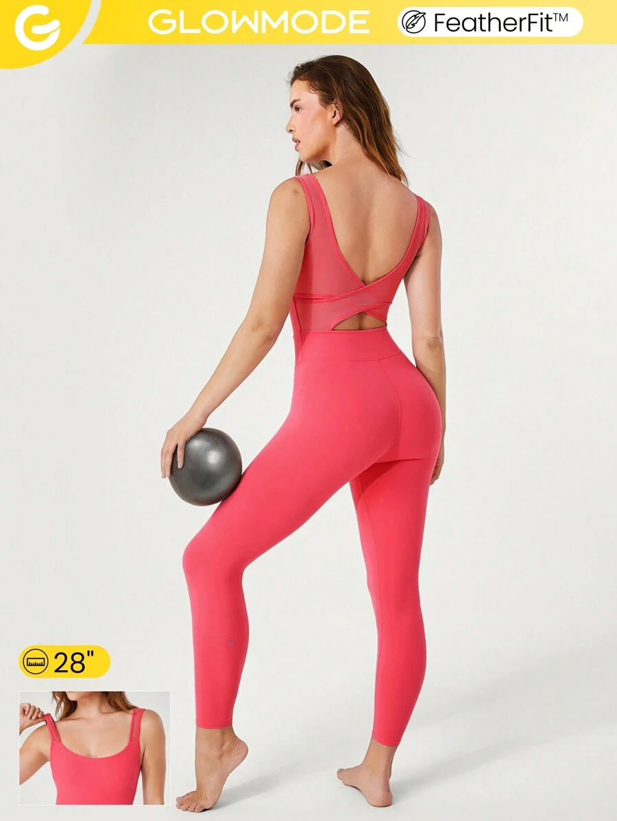 GLOWMODE 28" FeatherFit™ Mesh Panel Cut-Out Design Bodysuit Jumpsuit Low Impact Yoga Pilates Daily - Coral Pink - View 1