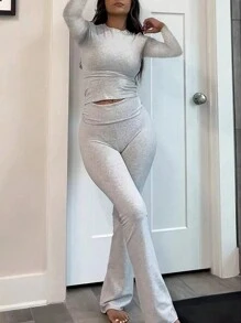 INAWLY Solva 2 件套女士纯色圆领长袖衬衫和喇叭裤休闲装 - 灰色 - 查看 1