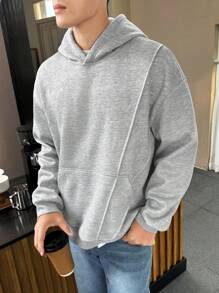 Manfinity Hypemode 男士长袖纯色口袋简约时尚连帽衫 - 灰色 - 查看 1