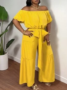 Slaydiva 2 piezas Conjunto de top corto casual con hombros descubiertos y pantalón de pierna recta talla grande, verano, amarillo - Amarillo - Ver 1
