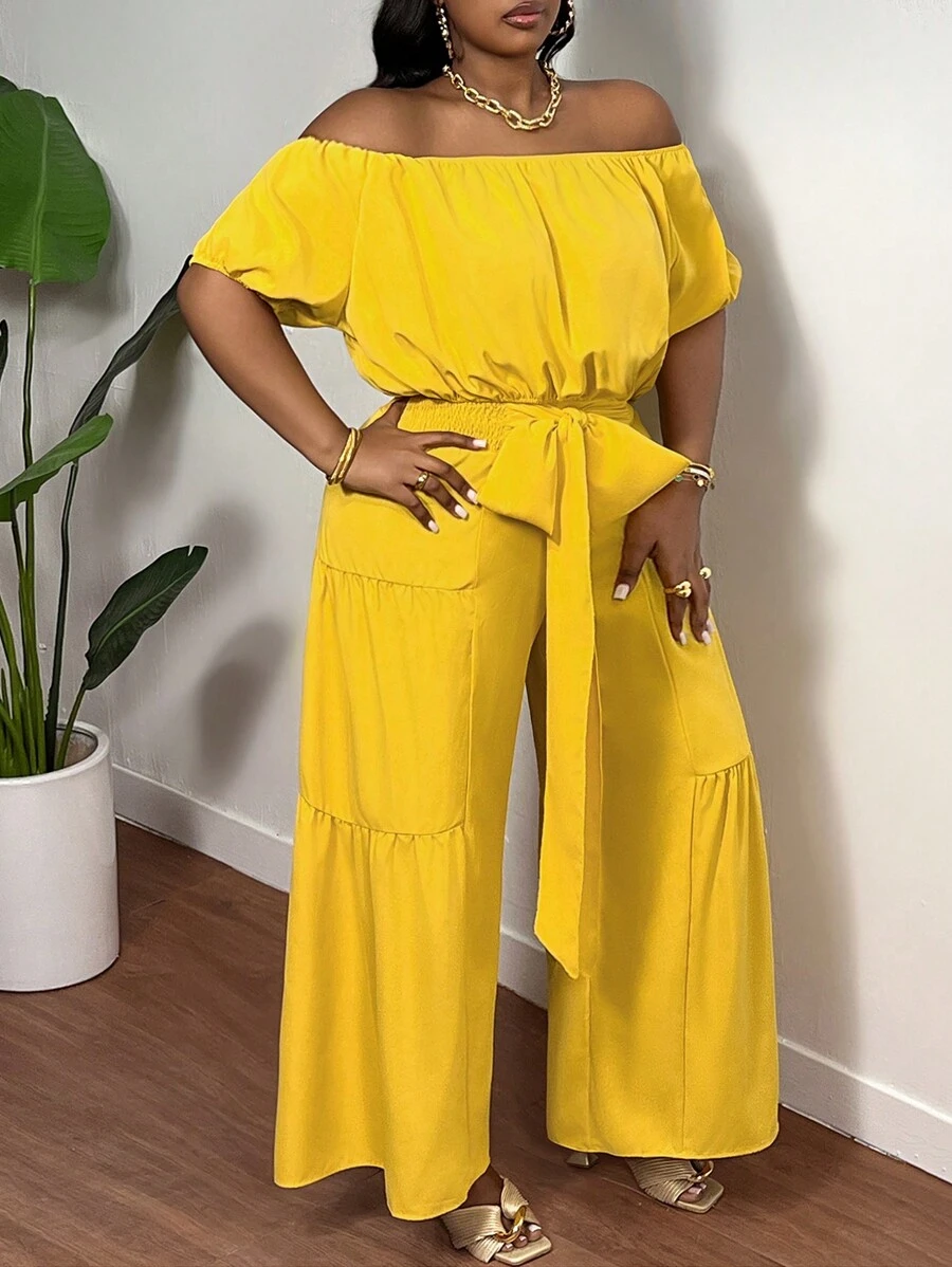 Slaydiva 2pcs Plus Size Off Shoulder Casual Crop Top & Straight Leg Pants Set, Summer, Yellow - Yellow - View 1