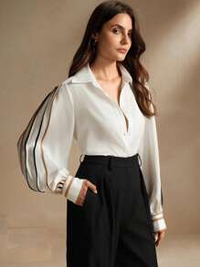 Anewsta Elegant French Style Pleated Women Blouse With Unique Design, Slim Fit,Long Sleeve Tops - White - View 4