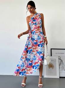 Firerie 夏季女士优雅度假海滩花卉印花单肩褶皱镂空抽绳中长连衣裙