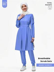 TaskEZ Health Check Scrubs Uniforms Women Solid Color Pet Grooming Work Uniform Set Nutritionist Work Suits Short Sleeved Lab Work Wear - Blue - View 5