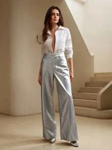 Anewsta 女式时尚都市金属银色直筒阔腿裤 - 銀色 - 查看 1