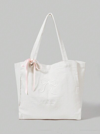 Kawaii Bolso de lona con bordado de lazo + bolso de mano de dama con decoración de lazo de cinta rosa