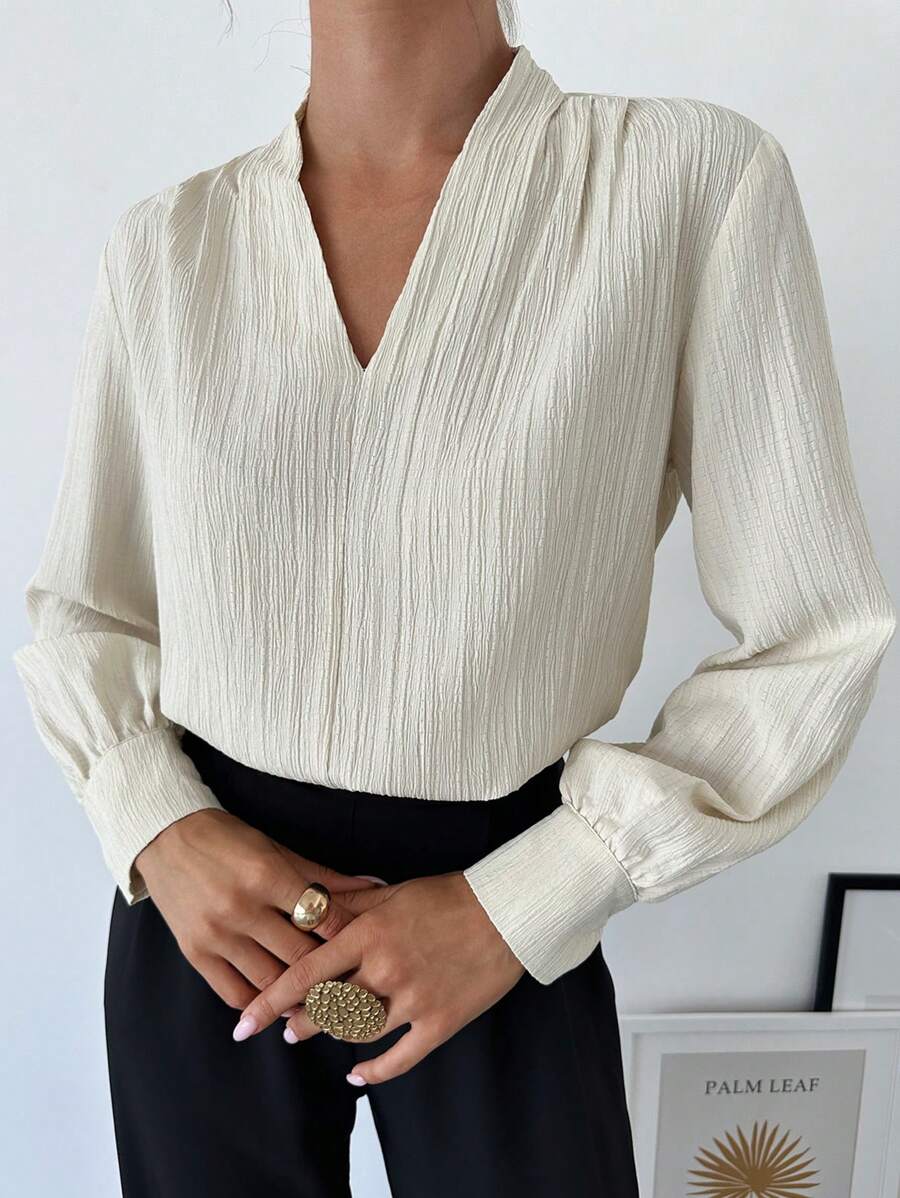 Firerie 褶皱灯笼袖工作衬衫白色衬衫，长袖上衣 - 杏色 - 查看 1