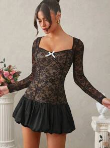 L'Amorae Sukienka koronkowa z prześwitującymi rękawami i bufiastym dołem - Czarne - Zobacz 1