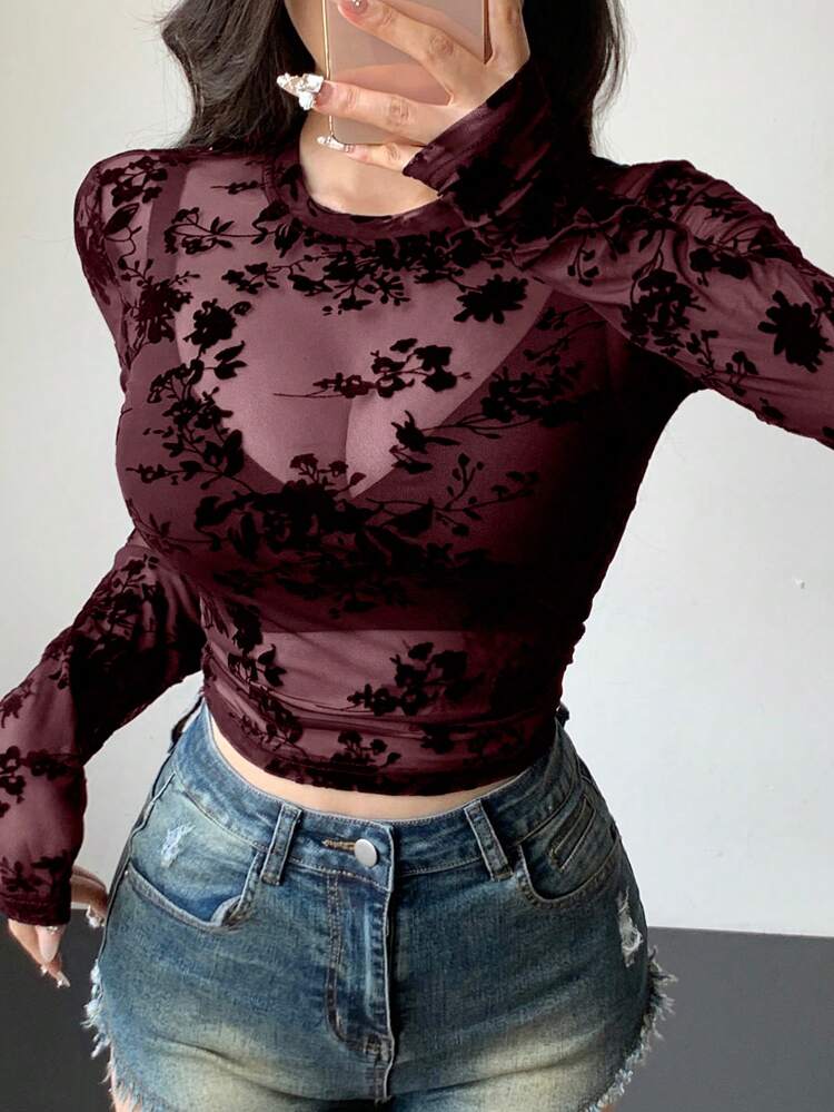 Red See-Through Floral Print Long Sleeve Blouse For Women