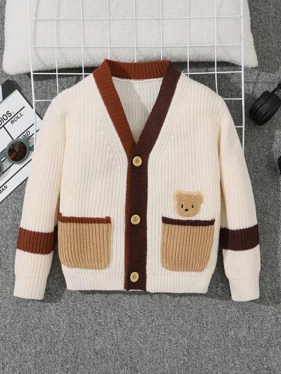 SHEIN 童装 男童休闲可爱小熊图案长袖开衫，温暖舒适，适合户外、居家、休闲、派对 男童开衫 男童开衫 儿童开衫 儿童开衫