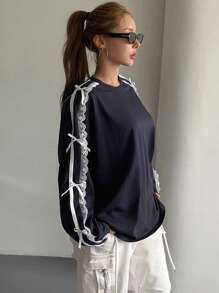 DAZY Long Sleeve T-Shirt With Crew Neck, Lace Panel, White Trim And Bow Accent,Fall Women Clothes