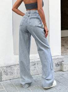 Cottnline 100%Cotton Women's Front Button Multiple Pockets Wide Leg Jeans, Casual Everyday Wear - Grey - View 2