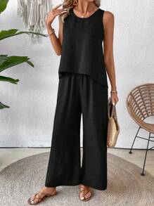 Breezaya Vacation Casual Solid Color Cami & Wide Leg Pants 2pcs Set - Black - View 5
