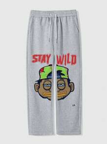 ROMWE MEN Street Life Men's Drawstring Waist Cartoon Letter Print Pocket Wide Leg Loose Sweatpants - Light Grey - View 1