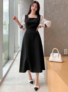 DAZY Đầm lưới mỏng tay dài cổ vuông phối màu cho nữ, xuân thu, bèo nhún - Đen và trắng - Xem 7