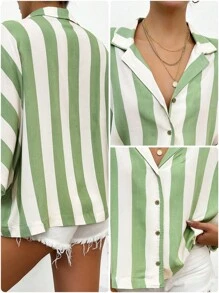 EURMUSE 100%Cotton Women's Batwing Sleeve Striped Shirt - Green - View 7